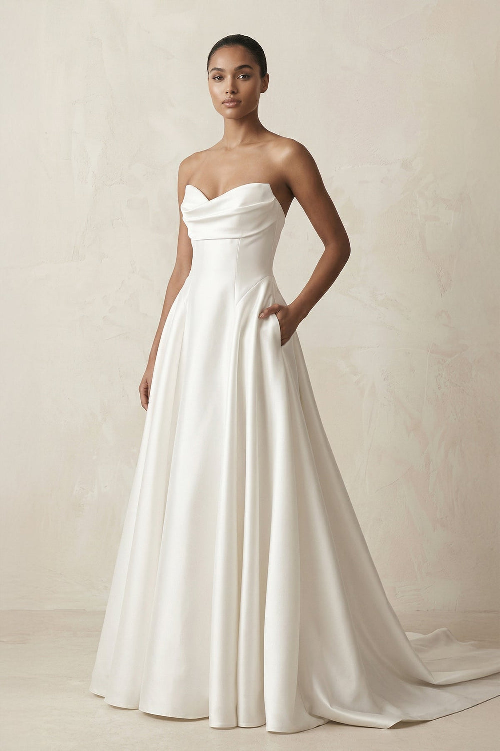 Strapless A - Line Satin Ruched Wedding Dress in White - KISS BRIDAL Wedding Dresses