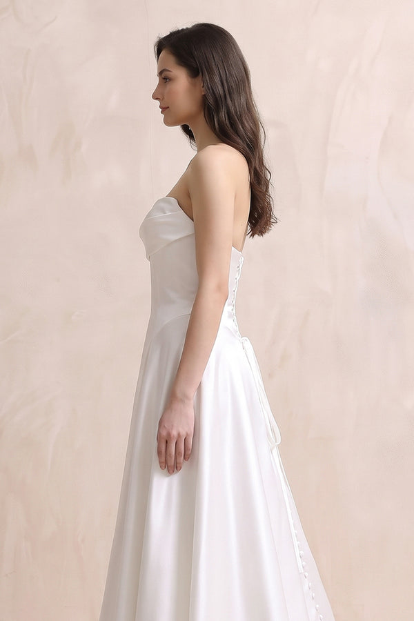 Strapless A - Line Satin Ruched Wedding Dress in White - KISS BRIDAL Wedding Dresses