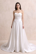 Strapless A - Line Satin Ruched Wedding Dress in White - KISS BRIDAL Wedding Dresses