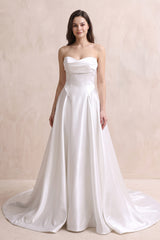Strapless A - Line Satin Ruched Wedding Dress in White - KISS BRIDAL Wedding Dresses