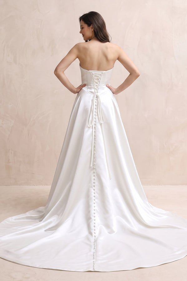 Strapless A - Line Satin Ruched Wedding Dress in White - KISS BRIDAL Wedding Dresses