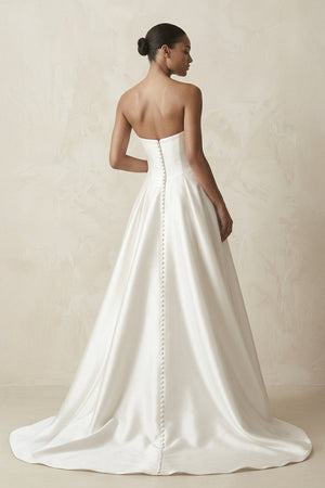 Strapless A - Line Satin Ruched Wedding Dress in White - SHE IS ME Wedding Dresses