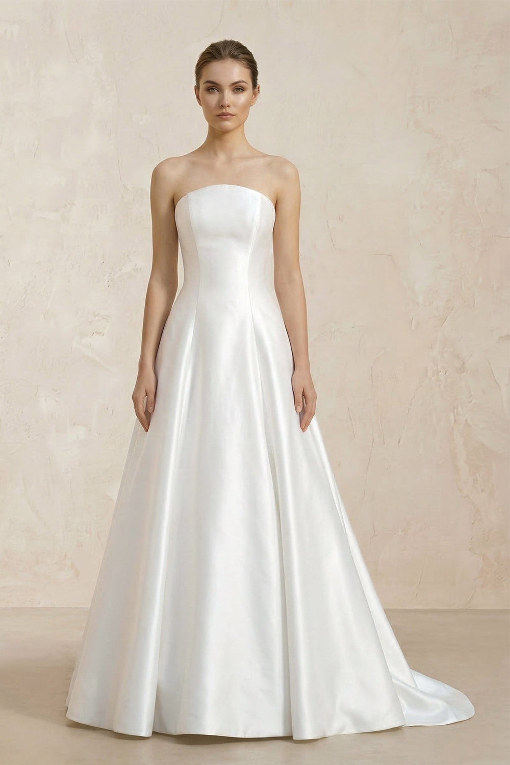 Strapless A - Line Satin Ruched Wedding Dress With Lace Appliques in White - KISS BRIDAL Wedding Dresses