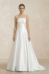 Strapless A - Line Satin Ruched Wedding Dress With Lace Appliques in White - KISS BRIDAL Wedding Dresses