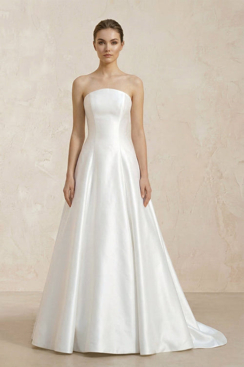 Strapless A - Line Satin Ruched Wedding Dress With Lace Appliques in White - SHE IS ME Wedding Dresses