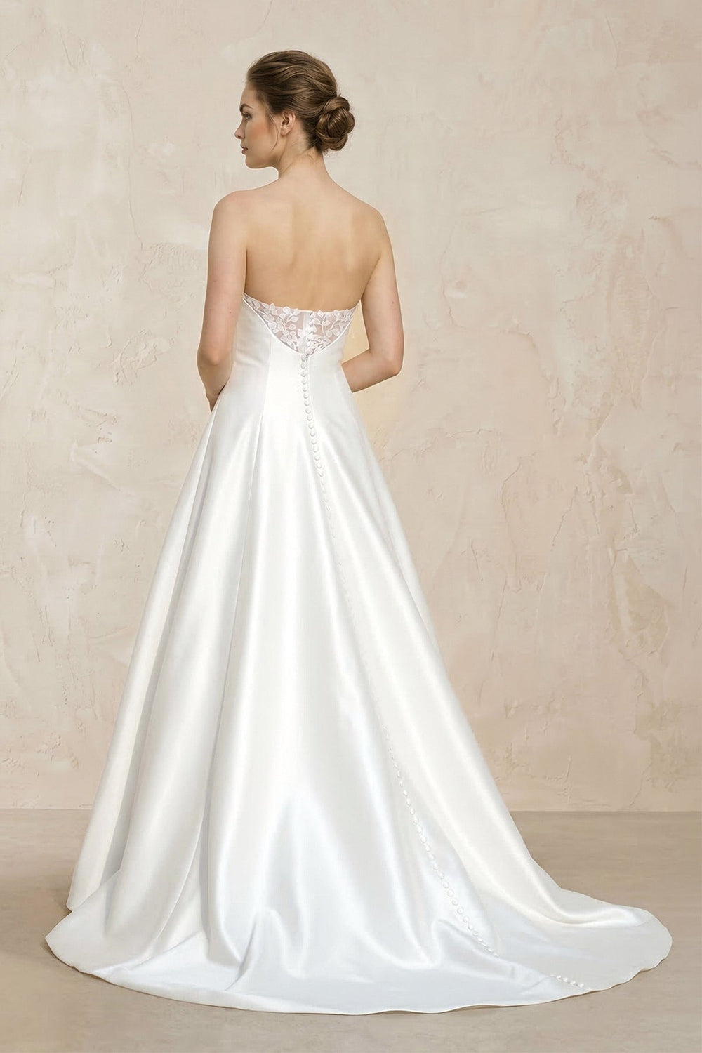 Strapless A - Line Satin Ruched Wedding Dress With Lace Appliques in White - KISS BRIDAL Wedding Dresses