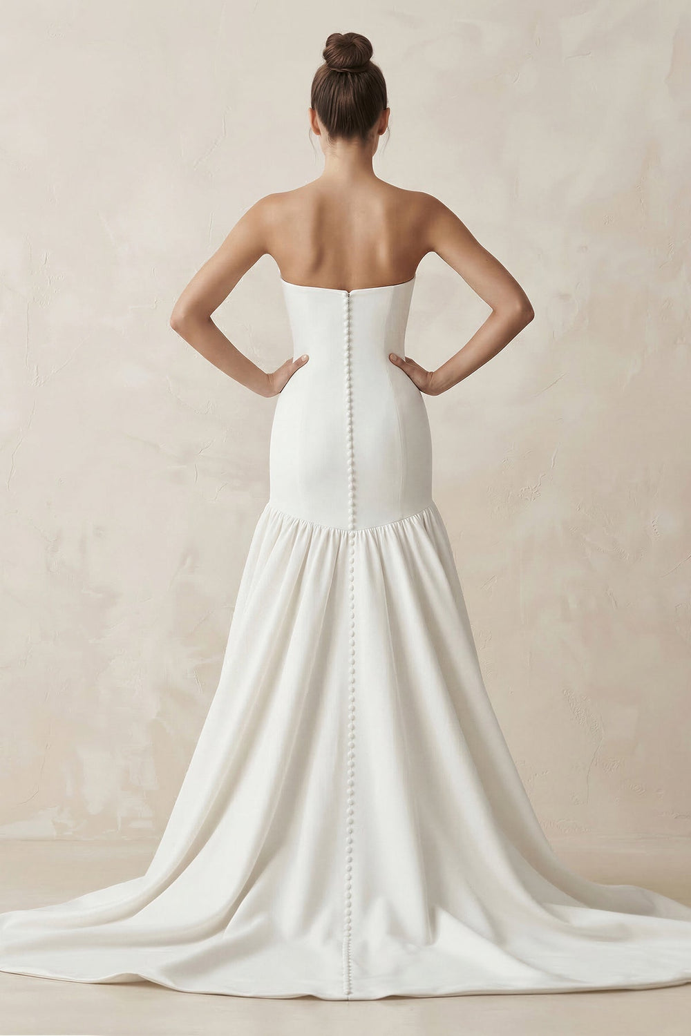 Strapless A - Line Satin Ruffled Wedding Dress in White - KISS BRIDAL Wedding Dresses