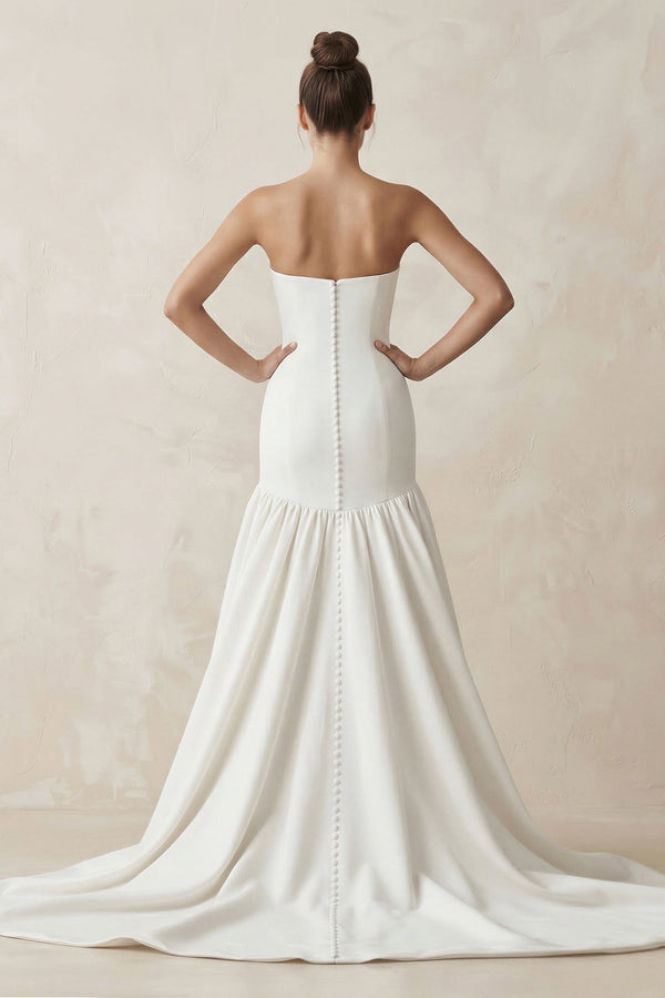Strapless A - Line Satin Ruffled Wedding Dress in White - SHE IS ME Wedding Dresses