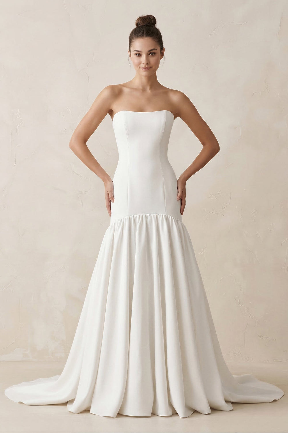 Strapless A - Line Satin Ruffled Wedding Dress in White - KISS BRIDAL Wedding Dresses