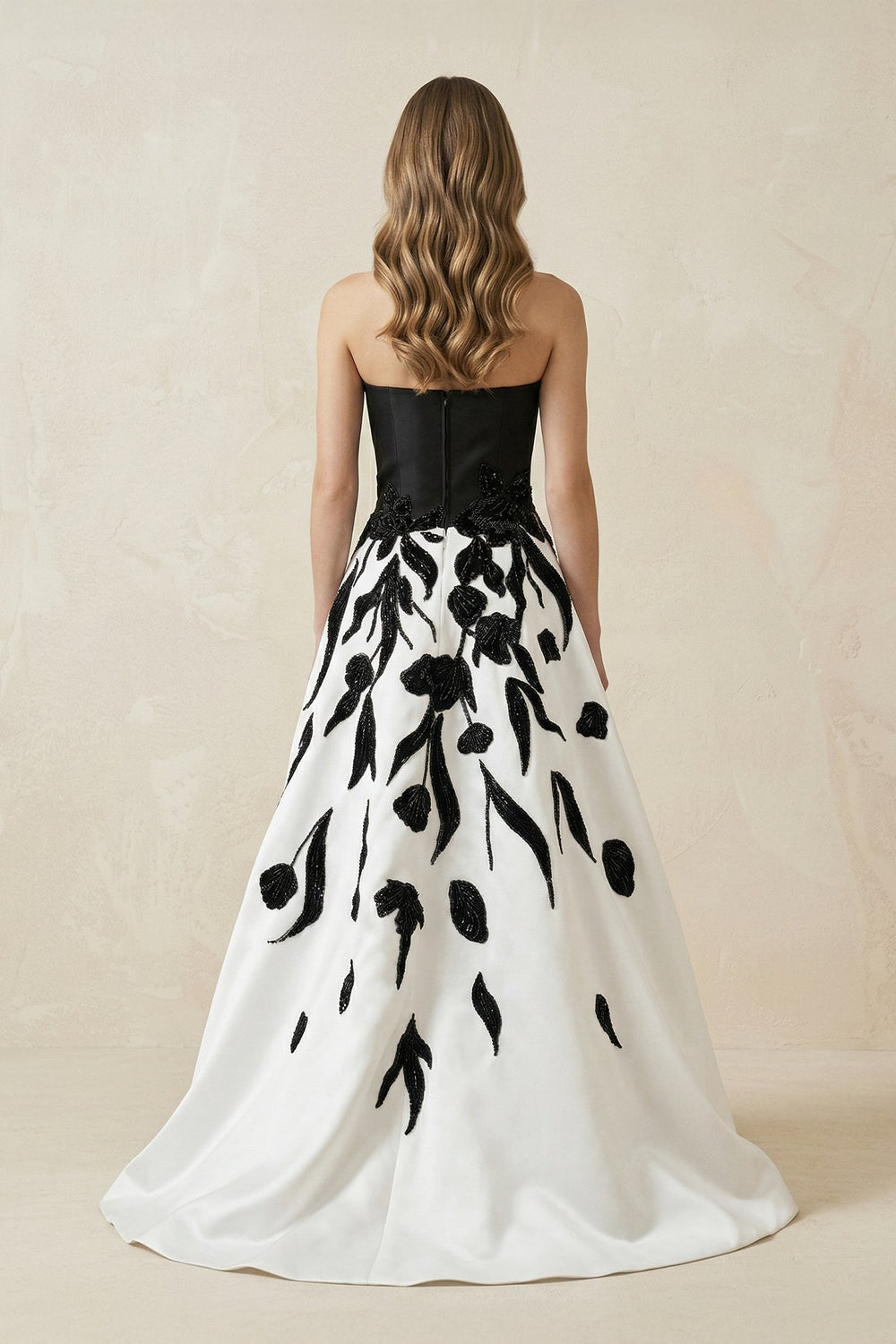 Strapless A - Line Satin Sequins Wedding Dress in Black and White - KISS BRIDAL Wedding Dresses