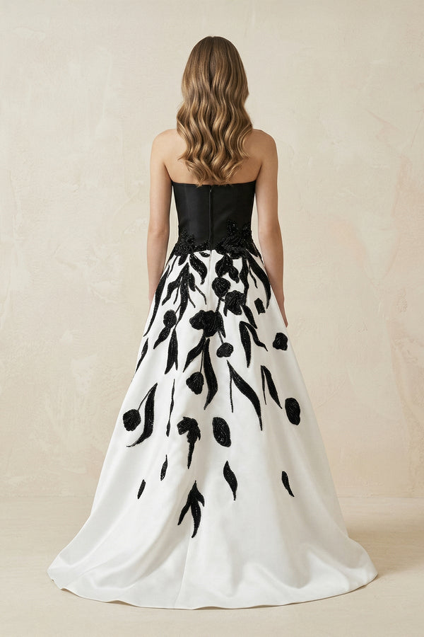 Strapless A - Line Satin Sequins Wedding Dress in Black and White - SHE IS ME Wedding Dresses