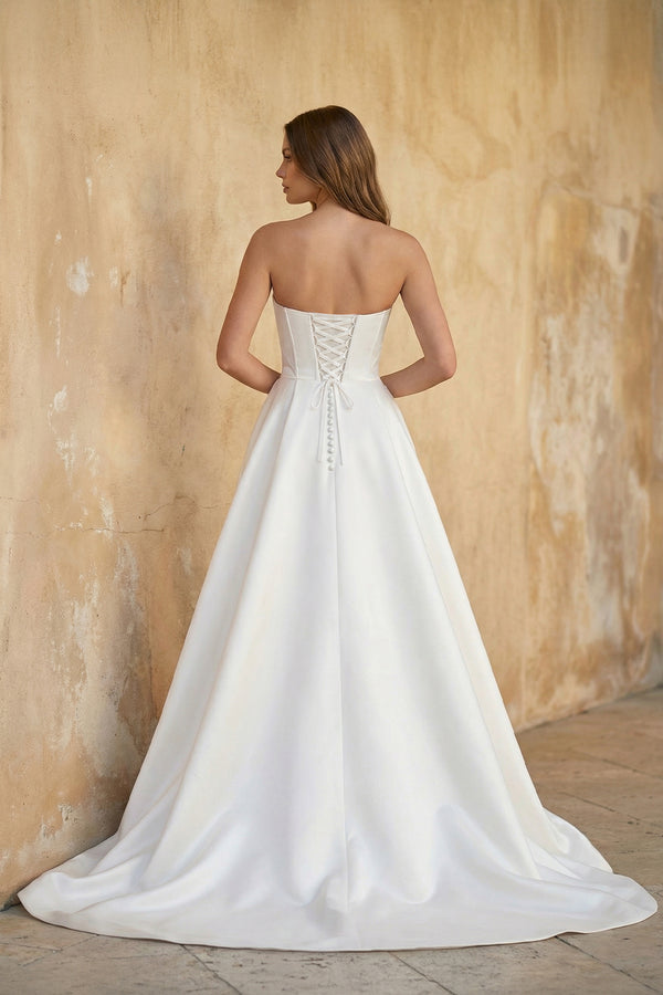 Strapless A Line Satin Wedding Dress With Slit in White - KISS BRIDAL Wedding Dresses