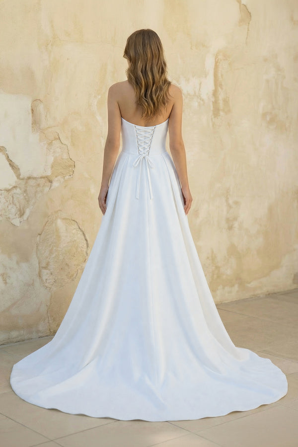 Strapless A Line Satin Wedding Dress With Slit in White - KISS BRIDAL Wedding Dresses