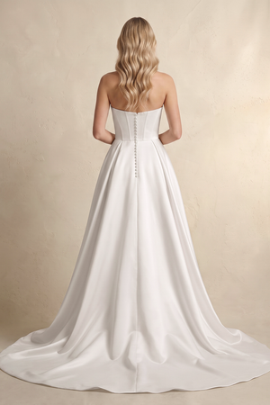 Strapless A Line Satin Wedding Dress With Slit in White (2) | KISSBRIDAL