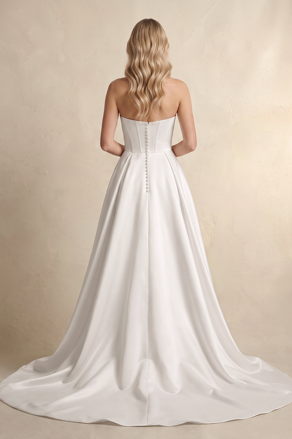 Strapless A Line Satin Wedding Dress With Slit in White (2) | KISSBRIDAL