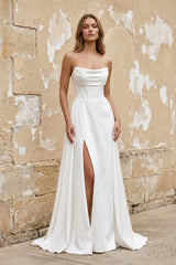 Strapless A Line Satin Wedding Dress With Slit in White - KISS BRIDAL Wedding Dresses