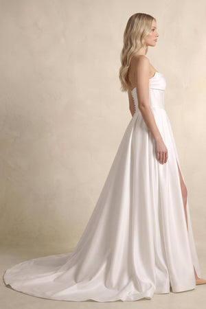 Strapless A Line Satin Wedding Dress With Slit in White (3) | KISSBRIDAL