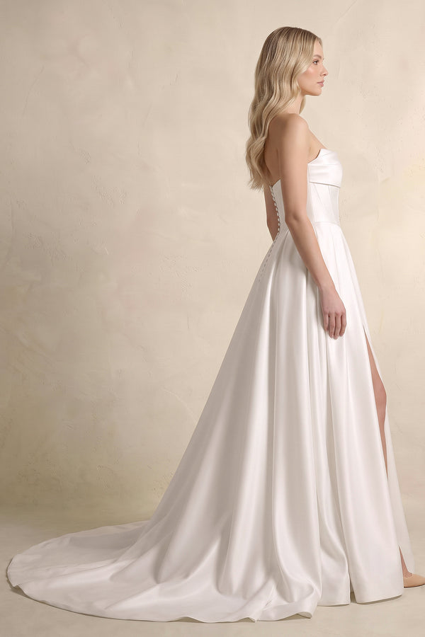Strapless A Line Satin Wedding Dress With Slit in White (3) | KISSBRIDAL