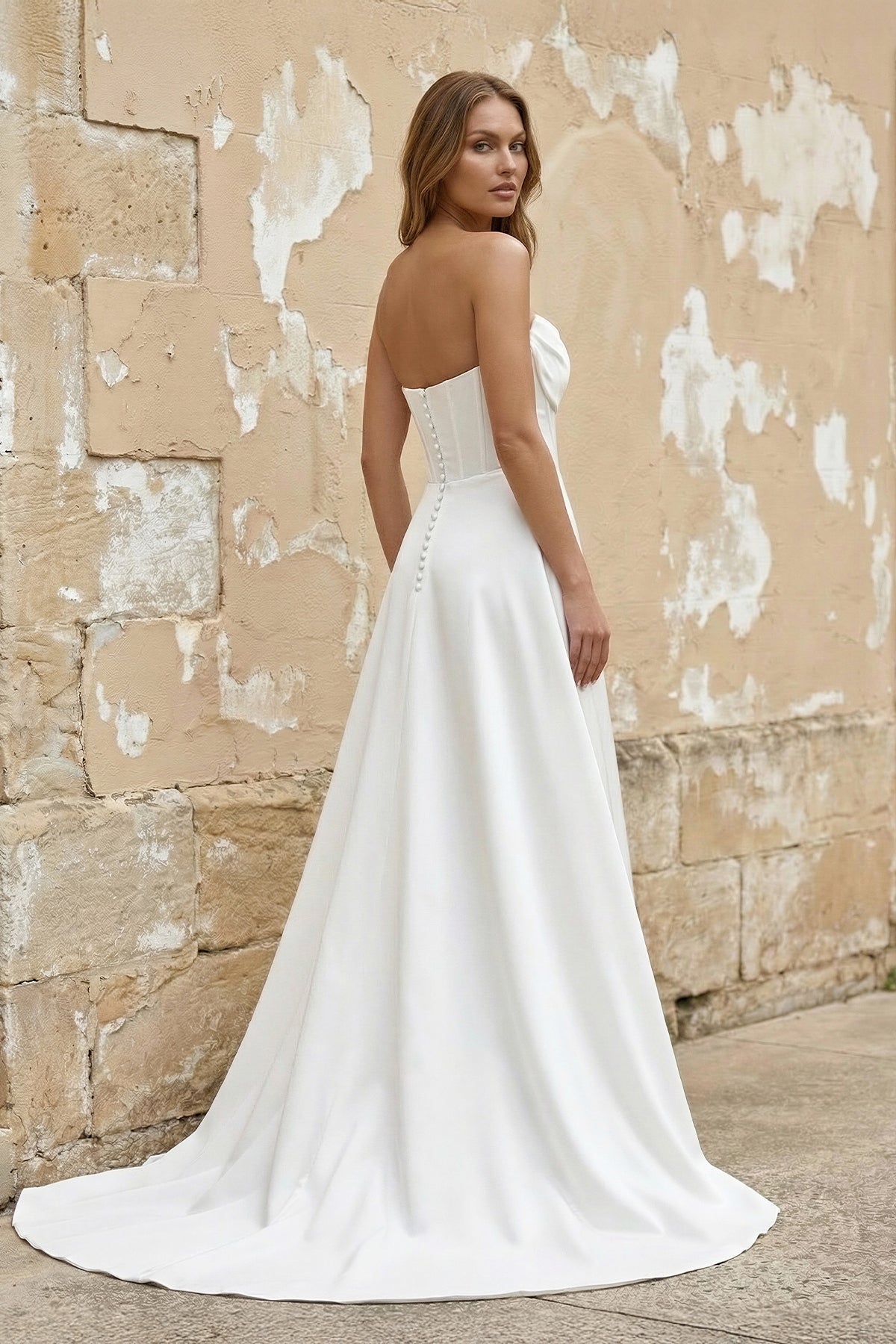 Sheisme | White Strapless A Line Satin Wedding Dress With Slit
