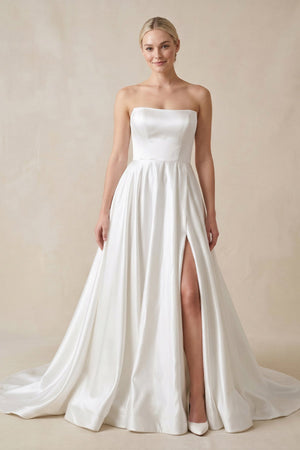Strapless A-Line Satin Wedding Dress with Slit in White