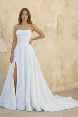 Strapless A Line Satin Wedding Dress With Slit in White - KISS BRIDAL Wedding Dresses