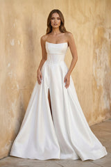 Strapless A Line Satin Wedding Dress With Slit in White - KISS BRIDAL Wedding Dresses