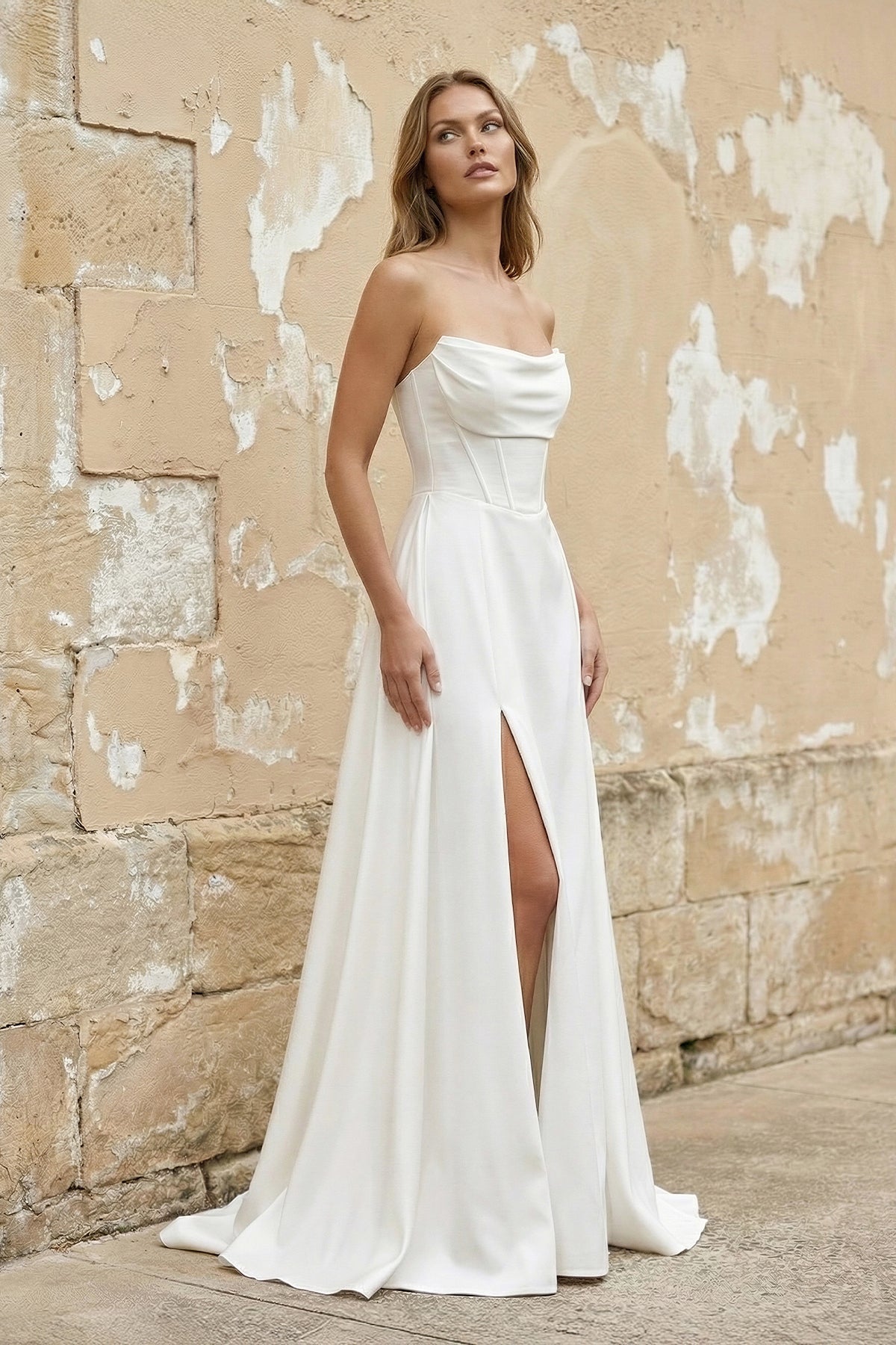 Sheisme | White Strapless A Line Satin Wedding Dress With Slit