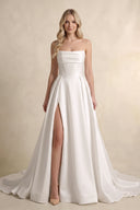 Strapless A Line Satin Wedding Dress With Slit in White | KISSBRIDAL