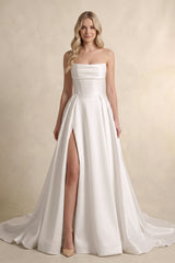 Strapless A Line Satin Wedding Dress With Slit in White | KISSBRIDAL