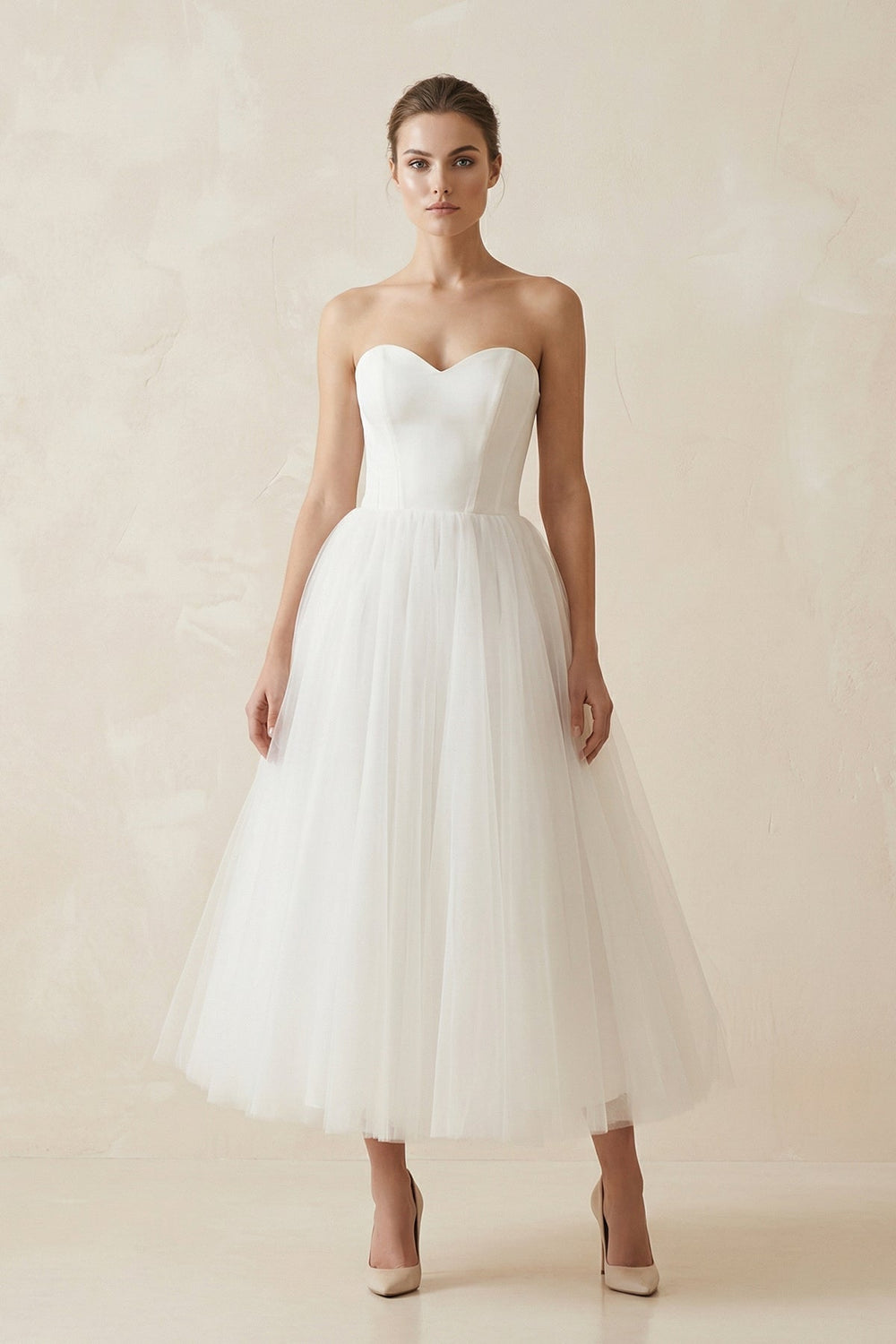 Strapless A Line Tulle Midi Wedding Dress in White - SHE IS ME Wedding Dresses