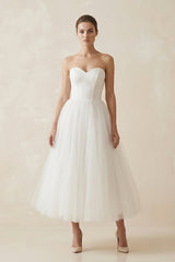Strapless A Line Tulle Midi Wedding Dress in White - KISS BRIDAL Wedding Dresses