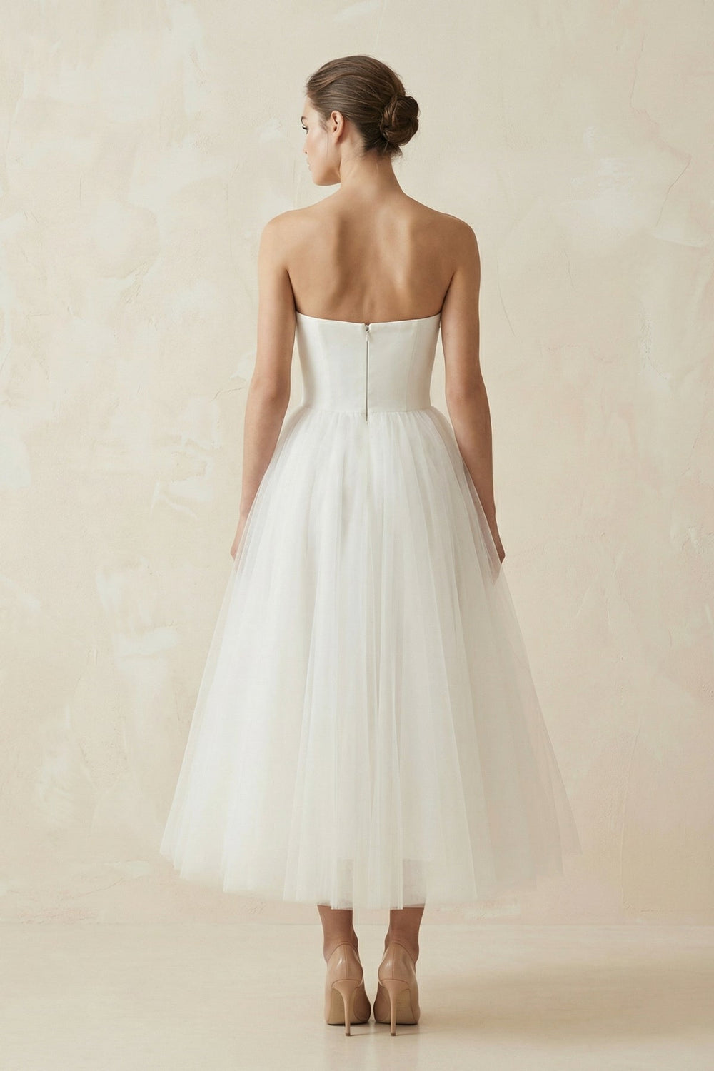 Strapless A Line Tulle Midi Wedding Dress in White - SHE IS ME Wedding Dresses