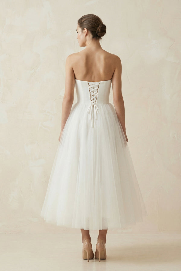 Strapless A Line Tulle Midi Wedding Dress in White - KISS BRIDAL Wedding Dresses