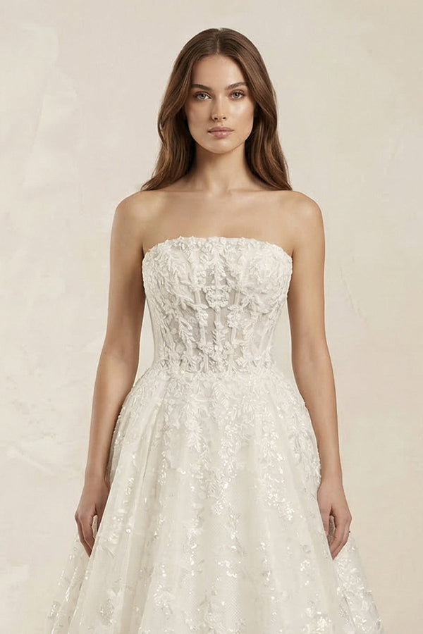 Strapless Appliqued Sequined Corset Wedding Dress in Ivory - SHE IS ME Wedding Dresses