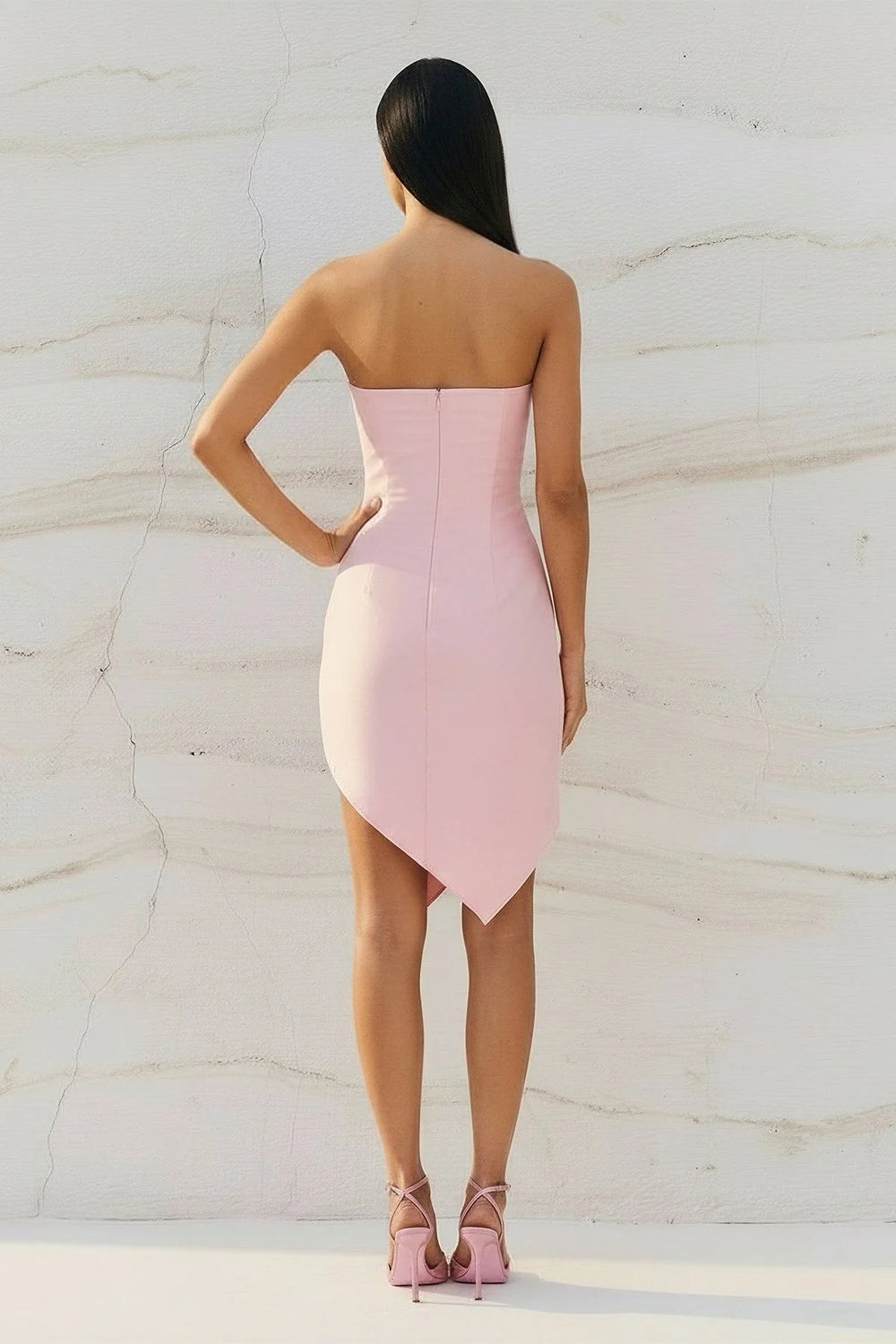 Strapless Asymmetric Hem Mini Dress in Pink - SHE IS ME