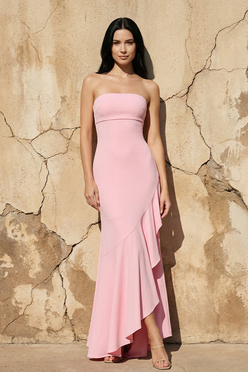 Strapless Asymmetrical Ruffled Maxi Dress in Pink - SHE IS ME Prom Dresses