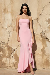 Strapless Asymmetrical Ruffled Maxi Dress in Pink - KISS BRIDAL Prom Dresses