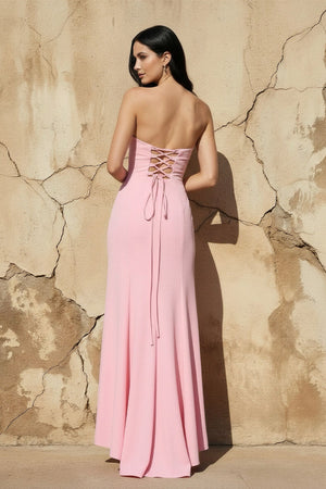 Strapless Asymmetrical Ruffled Maxi Dress in Pink - SHE IS ME Prom Dresses
