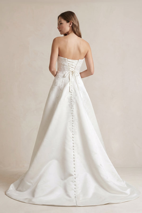 Strapless A Line Satin Wedding Dress With Appliques in Ivory - KISS BRIDAL Wedding Dresses