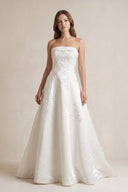 Strapless A Line Satin Wedding Dress With Appliques in Ivory - KISS BRIDAL Wedding Dresses
