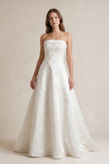 Strapless A Line Satin Wedding Dress With Appliques in Ivory - KISS BRIDAL Wedding Dresses