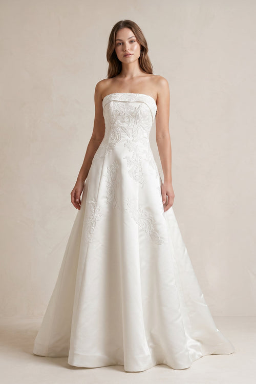 Strapless A Line Satin Wedding Dress With Appliques in Ivory - KISS BRIDAL Wedding Dresses