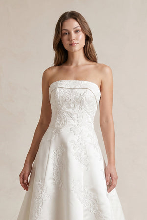 Strapless A Line Satin Wedding Dress With Appliques in Ivory - KISS BRIDAL Wedding Dresses