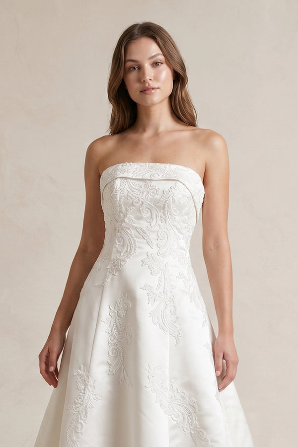 Strapless A Line Satin Wedding Dress With Appliques in Ivory - KISS BRIDAL Wedding Dresses