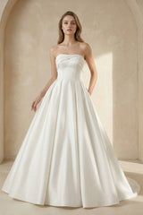 Strapless Bow - Back Pearls A - Line Wedding Dresses in White - KISS BRIDAL Wedding Dresses