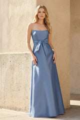 Strapless Bow Gown With Pockets in Steel Blue - KISS BRIDAL