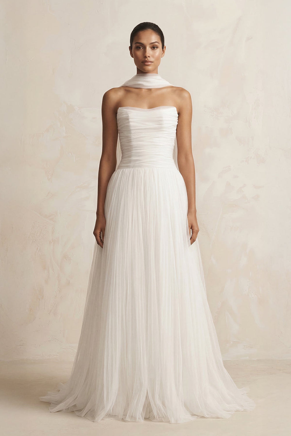 Strapless Chiffon A - Line Pleated Scarf Wedding Dress in Ivory - SHE IS ME Wedding Dresses