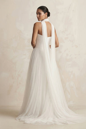 Strapless Chiffon A - Line Pleated Scarf Wedding Dress in Ivory - SHE IS ME Wedding Dresses