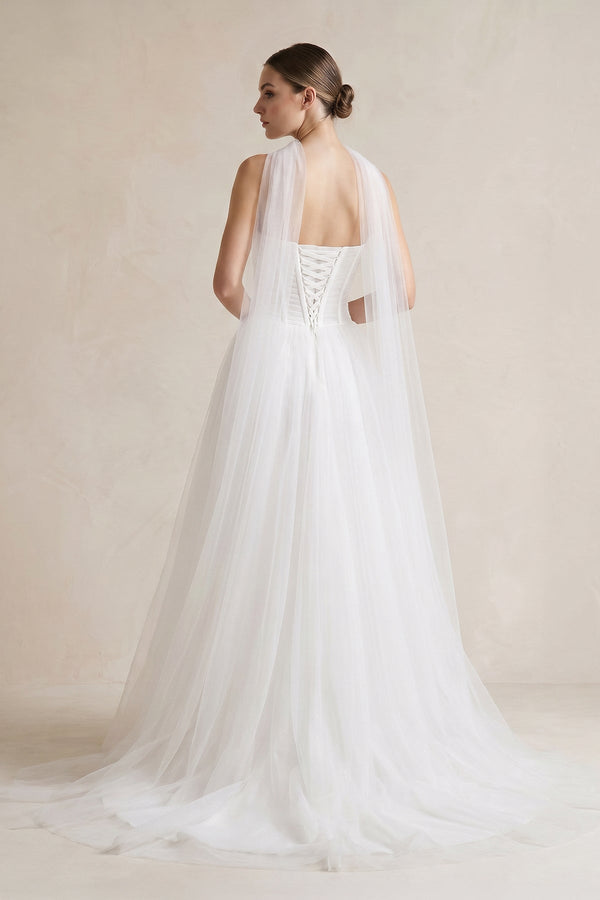 Strapless Chiffon A - Line Pleated Scarf Wedding Dress in Ivory - KISS BRIDAL Wedding Dresses