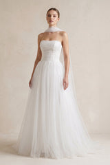 Strapless Chiffon A - Line Pleated Scarf Wedding Dress in Ivory - KISS BRIDAL Wedding Dresses